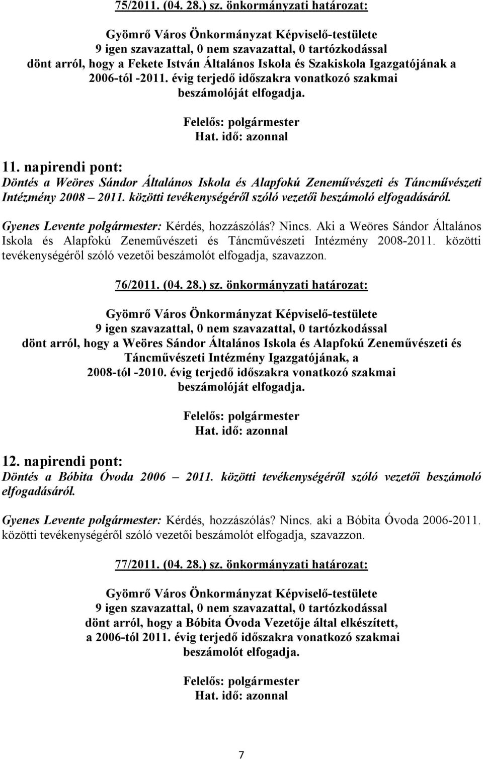 napirendi pont: Döntés a Weöres Sándor Általános Iskola és Alapfokú Zeneművészeti és Táncművészeti Intézmény 2008 2011. közötti tevékenységéről szóló vezetői beszámoló elfogadásáról. Nincs.