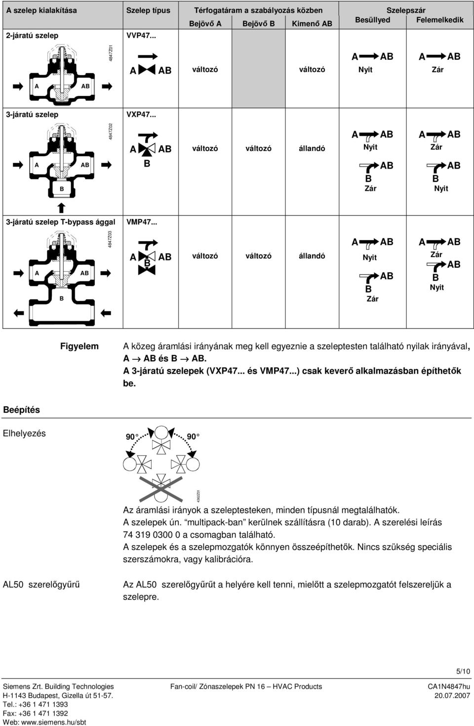 szeleptesten található nyilak irányával, és 3-járatú szelepek (VXP47 és VMP47) csak keverő alkalmazásban építhetők be eépítés Elhelyezés 90 90 4362Z01 z áramlási irányok a szeleptesteken, minden