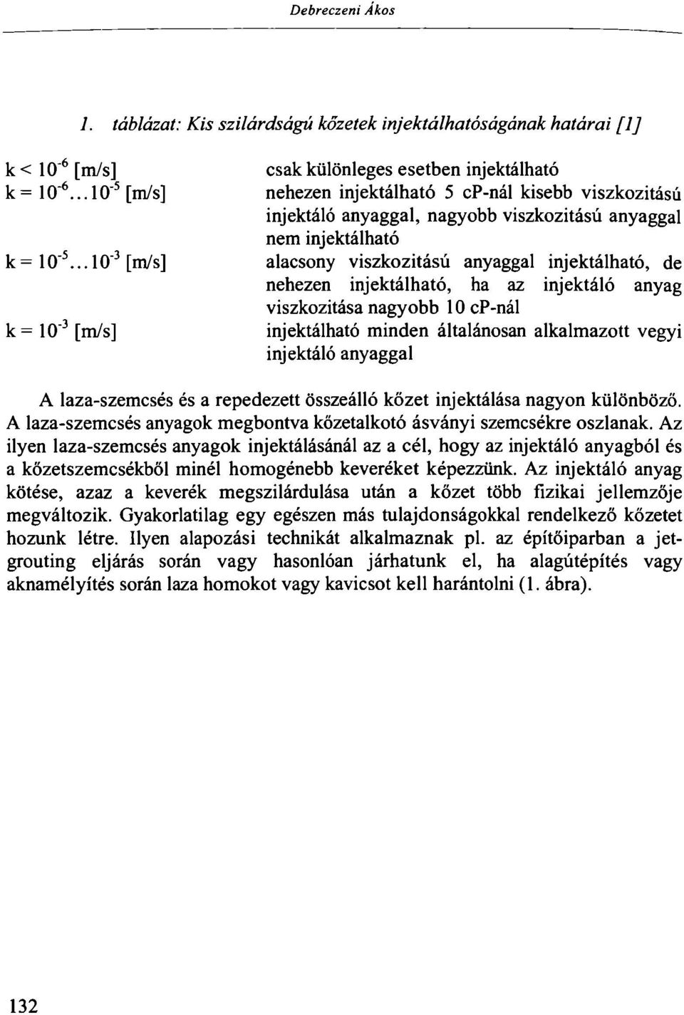 ..10" 3 [m/s] alacsony viszkozitású anyaggal injektálható, de nehezen injektálható, ha az injektáló anyag viszkozitása nagyobb 10 cp-nál k= 10" 3 [m/s] injektálható minden általánosan alkalmazott