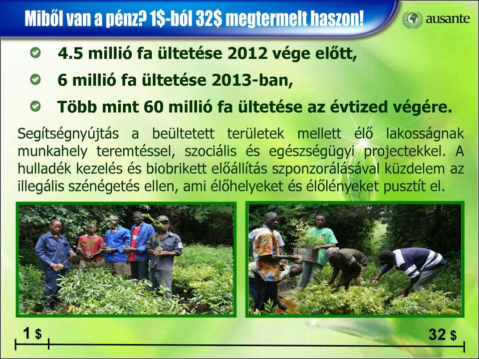 Segítségnyújtás a beültetett területek mellett élő lakosságnak munkahely teremtéssel, szociális és