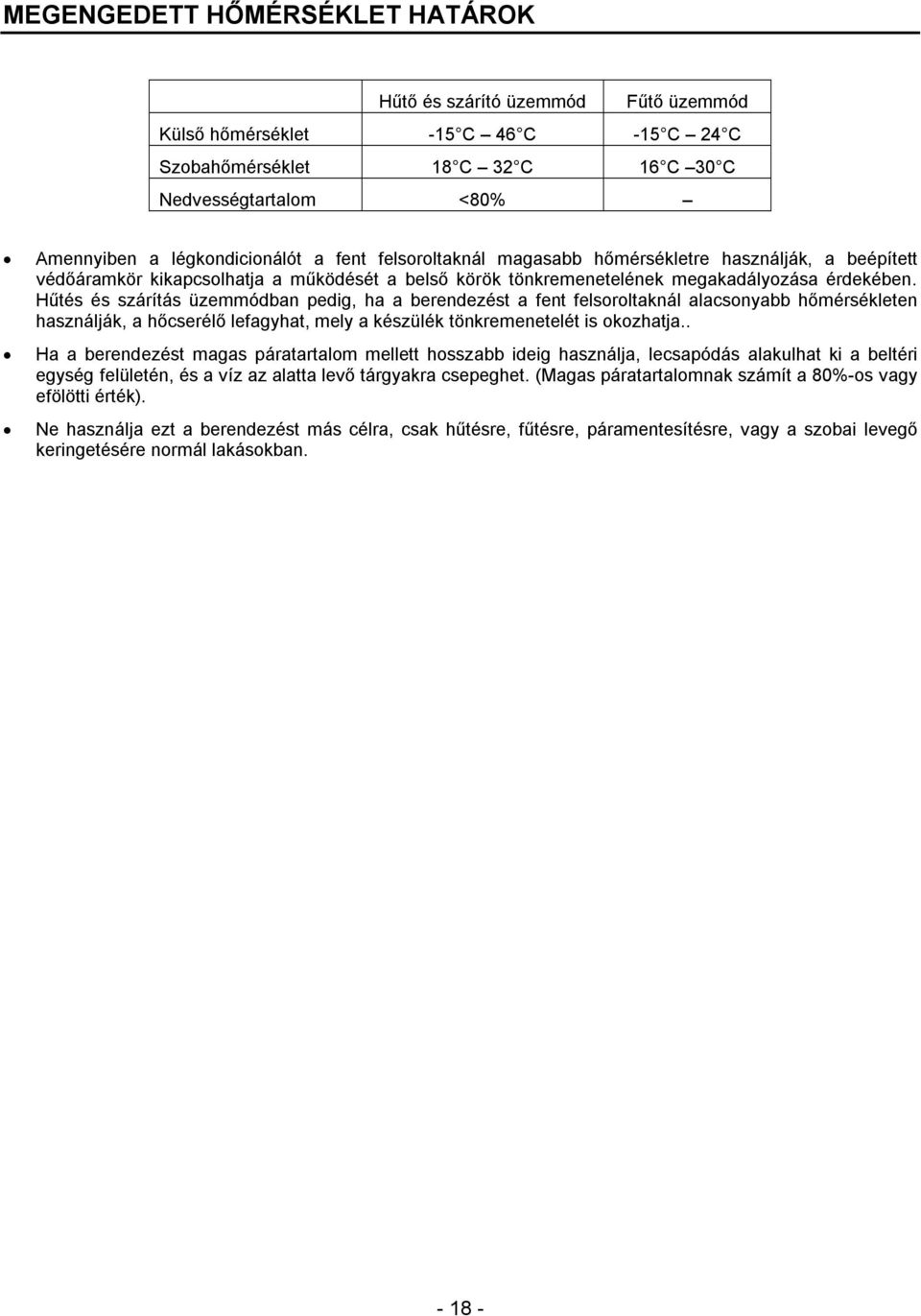 Hűtés és szárítás üzemmódban pedig, ha a berendezést a fent felsoroltaknál alacsonyabb hőmérsékleten használják, a hőcserélő lefagyhat, mely a készülék tönkremenetelét is okozhatja.