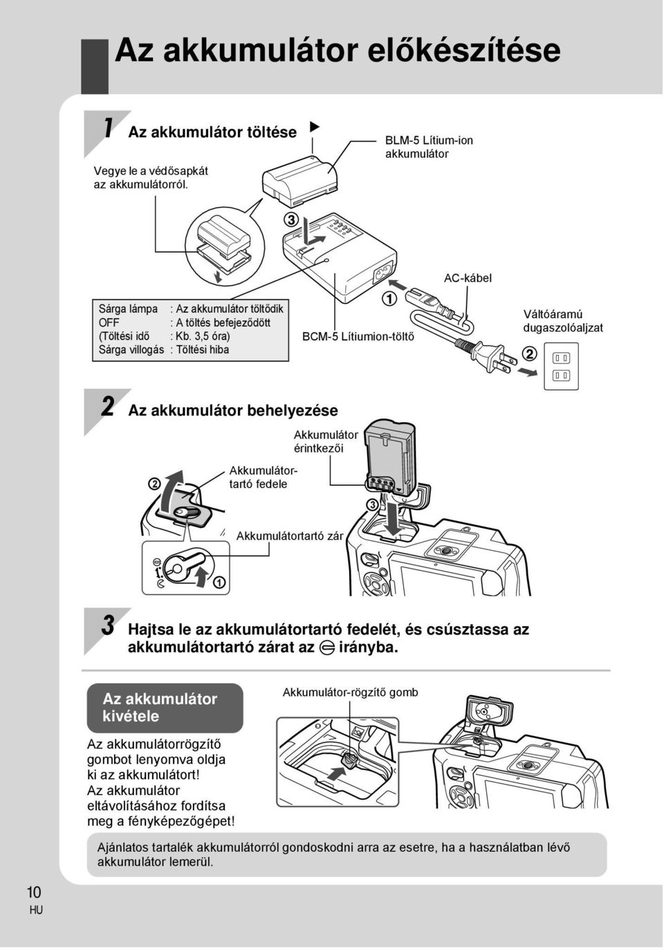 3,5 óra) Sárga villogás : Töltési hiba BCM-5 Lítiumion-töltő Váltóáramú dugaszolóaljzat 2 Az akkumulátor behelyezése 2 Akkumulátortartó fedele Akkumulátor érintkezői 3 Akkumulátortartó zár 1 3