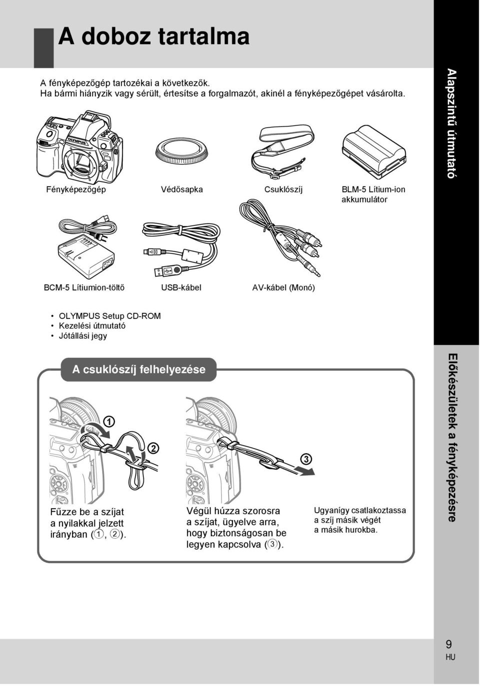 Fényképezőgép Védősapka Csuklószíj BLM-5 Lítium-ion akkumulátor Alapszintű útmutató BCM-5 Lítiumion-töltő USB-kábel AV-kábel (Monó) OLYMPUS Setup CD-ROM