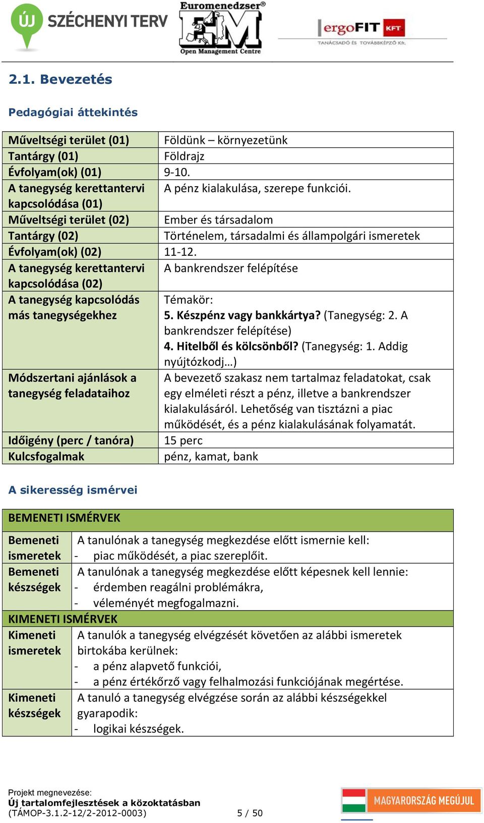 Földrajz 9-10. A pénz kialakulása, szerepe funkciói. Ember és társadalom Történelem, társadalmi és állampolgári ismeretek 11-12. A bankrendszer felépítése Témakör: 5. Készpénz vagy bankkártya?