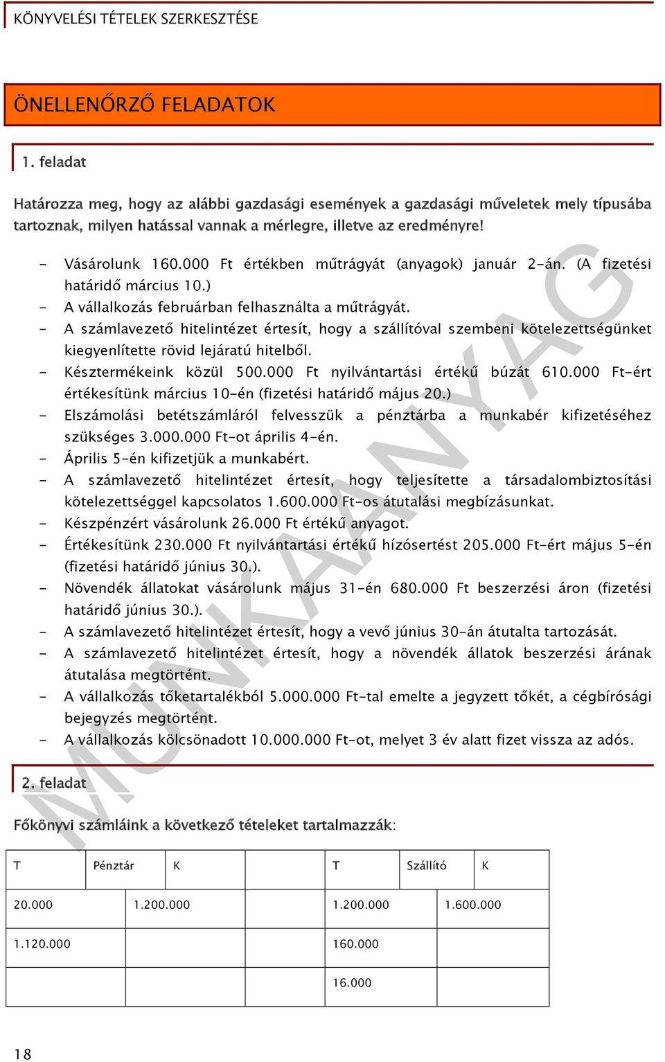 - A számlavezető hitelintézet értesít, hogy a szállítóval szembeni kötelezettségünket kiegyenlítette rövid lejáratú hitelből. - Késztermékeink közül 500.000 Ft nyilvántartási értékű búzát 610.