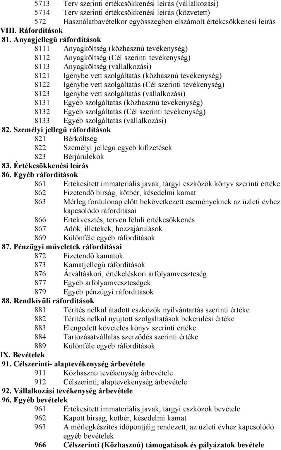 Anyagjellegű ráfordítások 8111 Anyagköltség (közhasznú tevékenység) 8112 Anyagköltség (Cél szerinti tevékenység) 8113 Anyagköltség (vállalkozási) 8121 Igénybe vett szolgáltatás (közhasznú