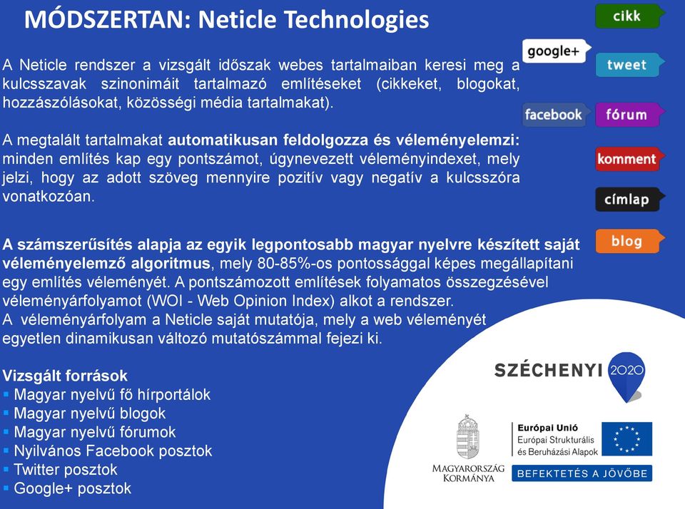 A megtalált tartalmakat automatikusan feldolgozza és véleményelemzi: minden említés kap egy pontszámot, úgynevezett véleményindexet, mely jelzi, hogy az adott szöveg mennyire pozitív vagy negatív a