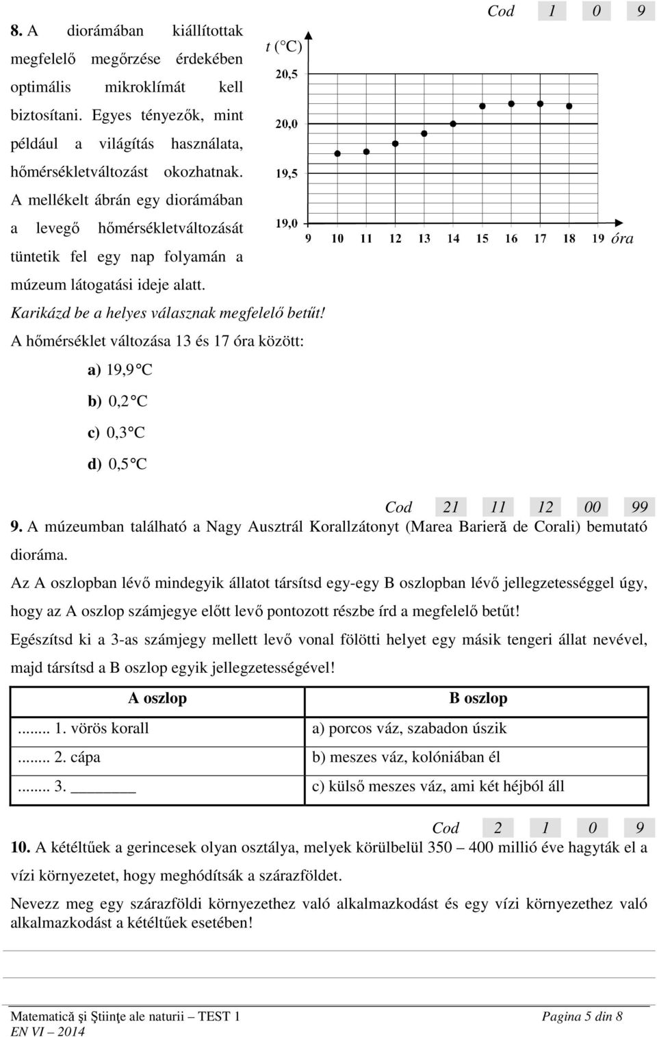 A hőmérséklet változása 1 és 17 óra között: a) 19,9 C t ( C) Cod 1 0 9 óra b) 0,2 C c) 0, C d) 0,5 C Cod 21 11 12 00 99 9.