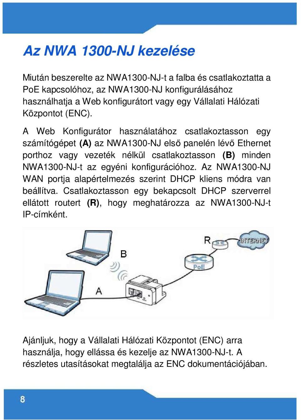 A Web Konfigurátor használatához csatlakoztasson egy számítógépet (A) az NWA1300-NJ első panelén lévő Ethernet porthoz vagy vezeték nélkül csatlakoztasson (B) minden NWA1300-NJ-t az egyéni