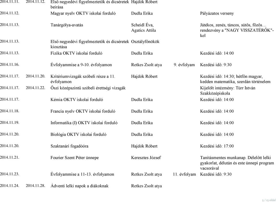 11.16. Évfolyammise a 9-10. évfolyamon Retkes Zsolt atya 9. évfolyam Kezdési idő: 9:30 Játékos, zenés, táncos, sütős, főzős rendezvény a "NAGY VISSZATÉRŐK"- kel 201