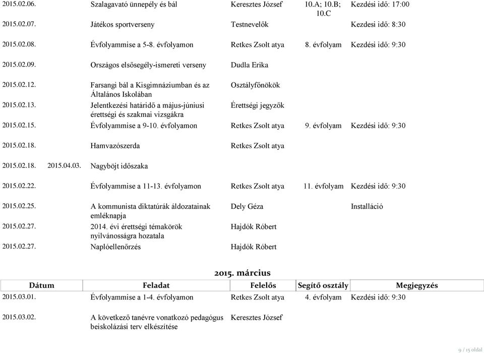 Farsangi bál a Kisgimnáziumban és az Osztályfőnökök Általános Iskolában 2015.02.13. Jelentkezési határidő a május-júniusi Érettségi jegyzők érettségi és szakmai vizsgákra 2015.02.15. Évfolyammise a 9-10.