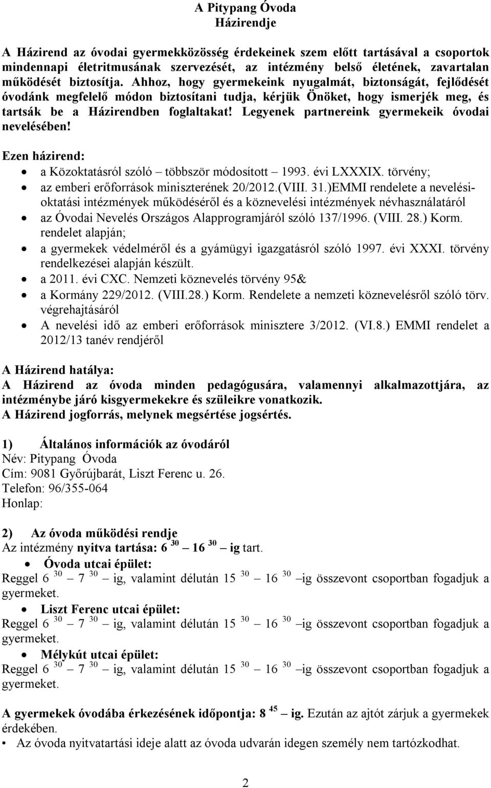 PITYPANG ÓVODA HÁZIRENDJE - PDF Ingyenes letöltés