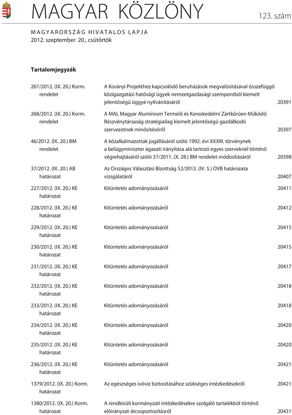 (IX. 20.) KE határozat 233/2012. (IX. 20.) KE határozat 234/2012. (IX. 20.) KE határozat 235/2012. (IX. 20.) KE határozat 236/2012. (IX. 20.) KE határozat 1379/2012. (IX. 20.) Korm.