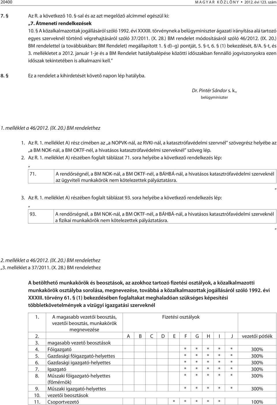 ) BM rendelettel (a továbbiakban: BM Rendelet) megállapított 1. d) g) pontját, 5. -t, 6. (1) bekezdését, 8/A. -t, és 3. mellékletet a 2012.