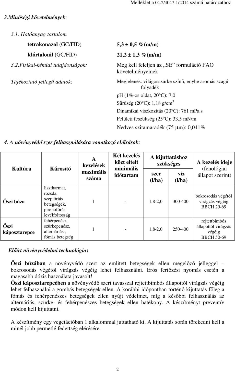 14 számú határozathoz 3.Minőségi követelmények: 3.1. Hatóanyag tartalom tetrakonazol (GC/FID) klórtalonil (GC/FID) 3.2.