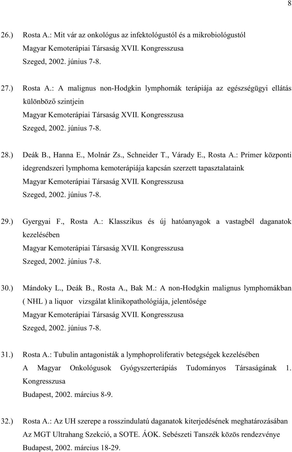 : Primer központi idegrendszeri lymphoma kemoterápiája kapcsán szerzett tapasztalataink Magyar Kemoterápiai Társaság XVII. Kongresszusa Szeged, 2002. június 7-8. 29.) Gyergyai F., Rosta A.