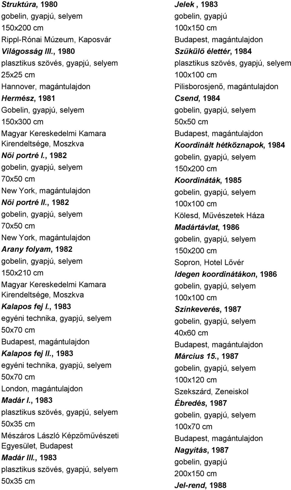 , 1983 egyéni technika, gyapjú, selyem 50x70 cm Kalapos fej II., 1983 egyéni technika, gyapjú, selyem 50x70 cm London, magántulajdon Madár I.