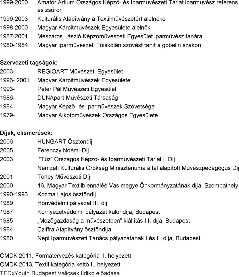 Egyesület 1996-2001 Magyar Kárpitművészek Egyesülete 1993- Péter Pál Művészeti Egyesület 1986- DUNApart Művészeti Társaság 1984- Magyar Képző- és Iparművészek Szövetsége 1979- Magyar Alkotóművészek