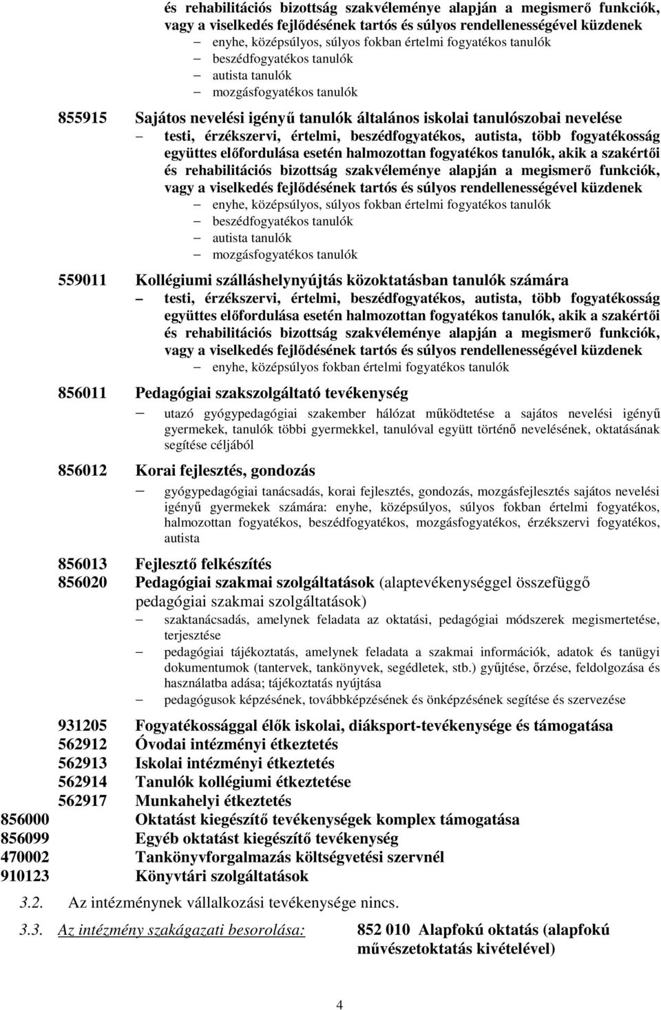 gyógypedagógiai szakember hálózat működtetése a sajátos nevelési igényű gyermekek, tanulók többi gyermekkel, tanulóval együtt történő nevelésének, oktatásának segítése céljából 856012 Korai