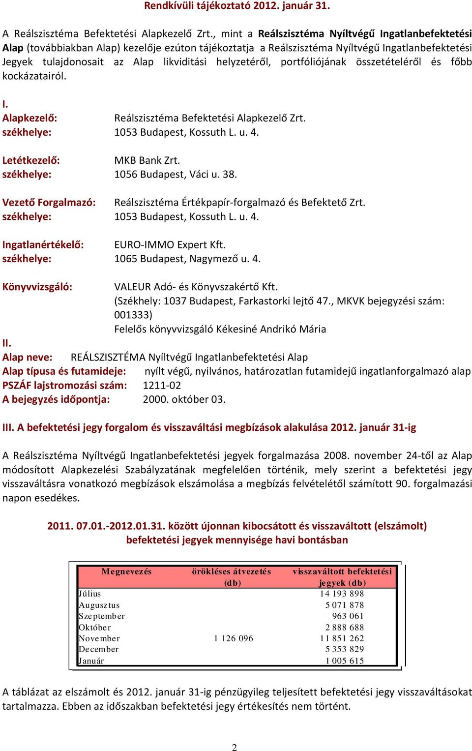 helyzetéről, portfóliójának összetételéről és főbb kockázatairól. I. Alapkezelő: Reálszisztéma Befektetési Alapkezelő Zrt. székhelye: 1053 Budapest, Kossuth L. u. 4. Letétkezelő: MKB Bank Zrt.