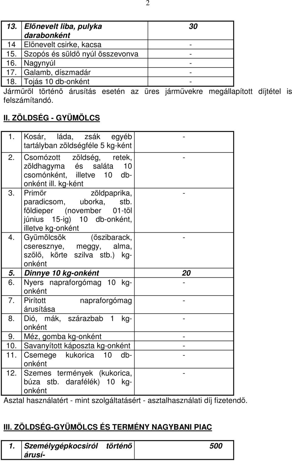 Csomózott zöldség, retek, zöldhagyma és saláta 10 csomónként, illetve 10 dbonként ill. kgként 3. Primőr zöldpaprika, paradicsom, uborka, stb.