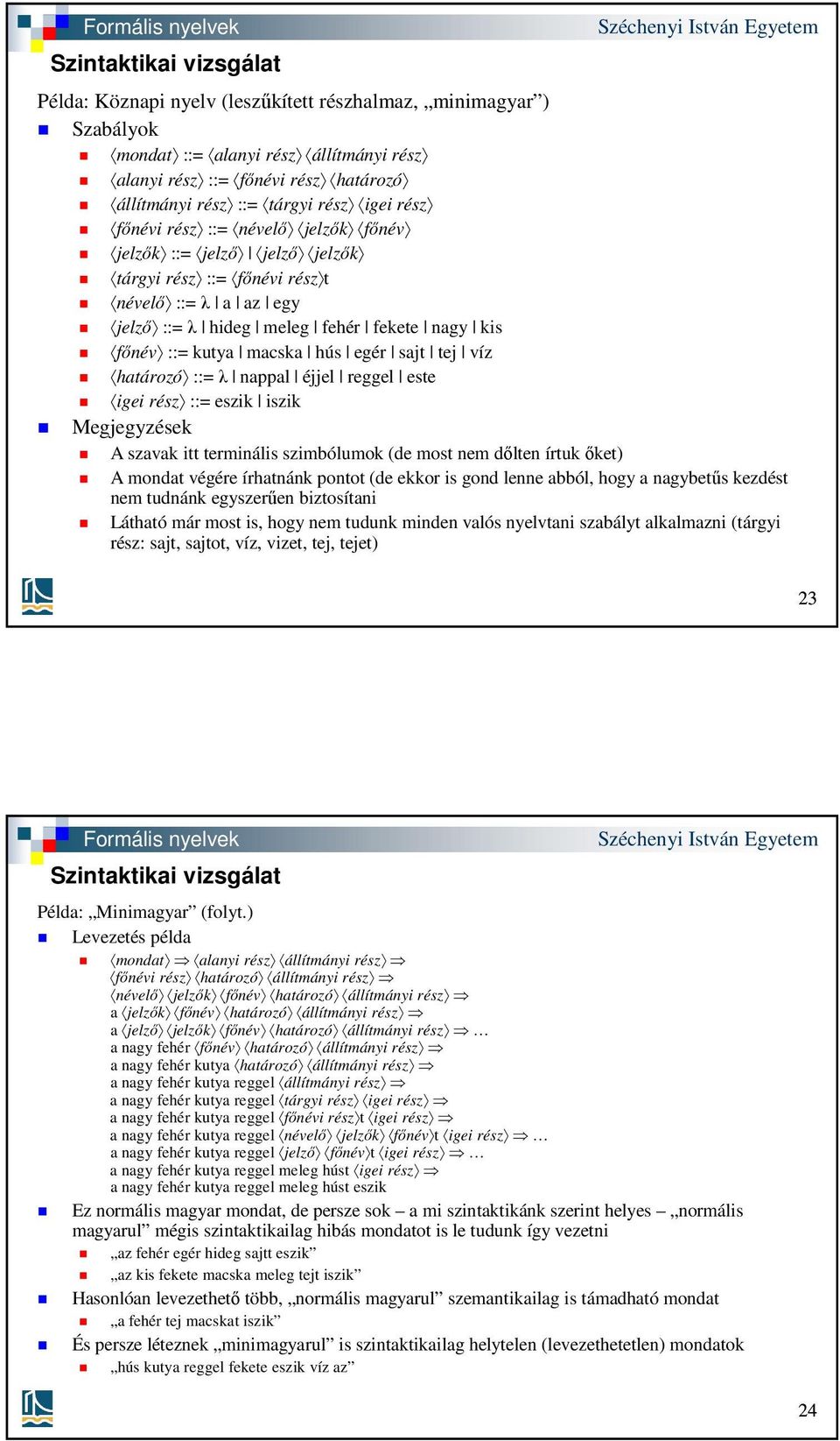 határozó ::= λ nappal éjjel reggel este igei rész ::= eszik iszik Megjegyzések A szavak itt terminális szimbólumok (de most nem dőlten írtuk őket) A mondat végére írhatnánk pontot (de ekkor is gond