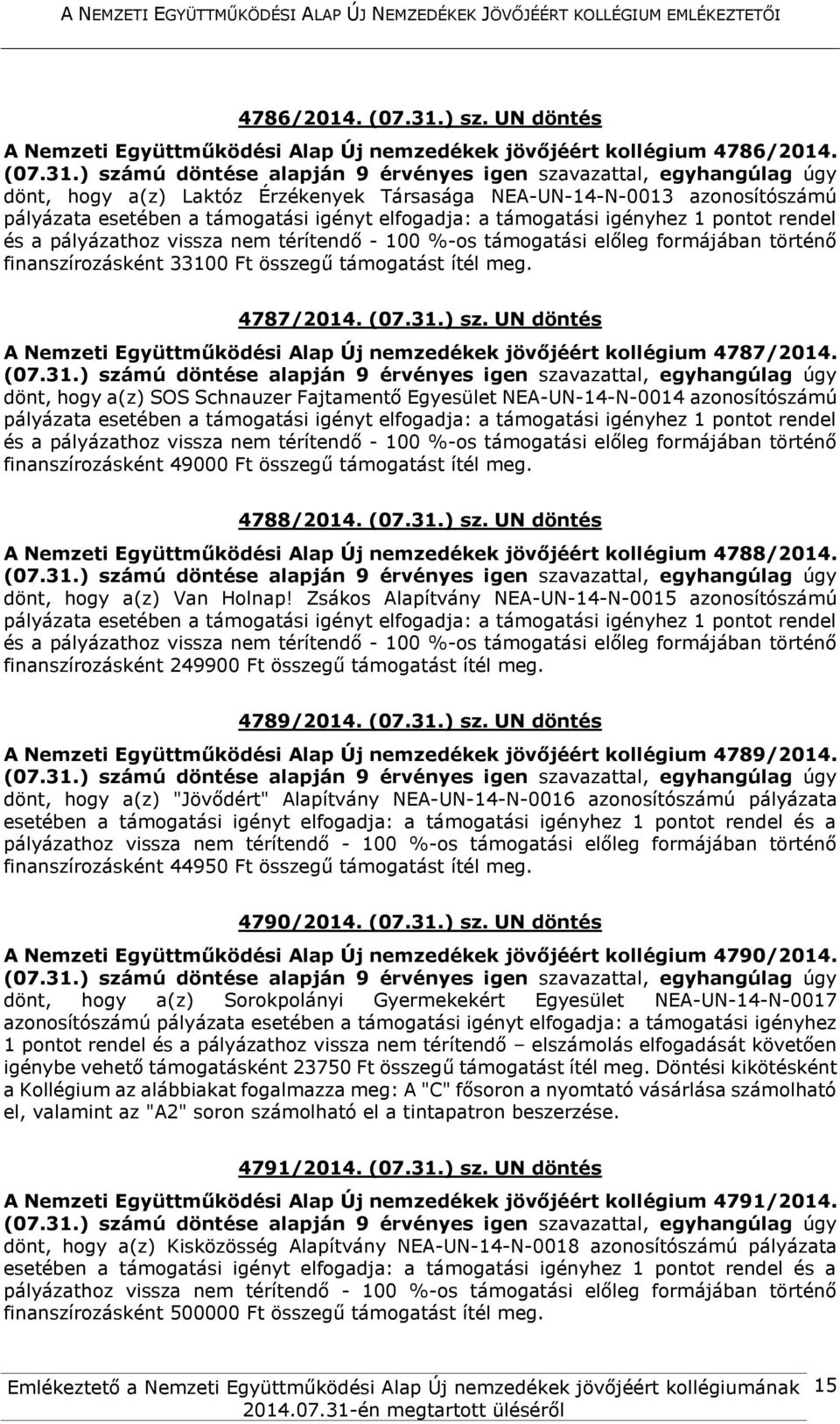 UN döntés A Nemzeti Együttműködési Alap Új nemzedékek jövőjéért kollégium 4787/2014.