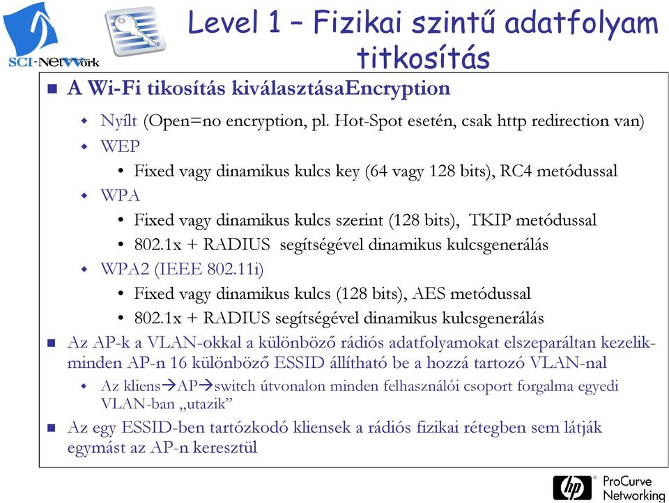 1x + RADIUS segítségével dinamikus kulcsgenerálás WPA2 (IEEE 802.11i) Fixed vagy dinamikus kulcs (128 bits), AES metódussal 802.