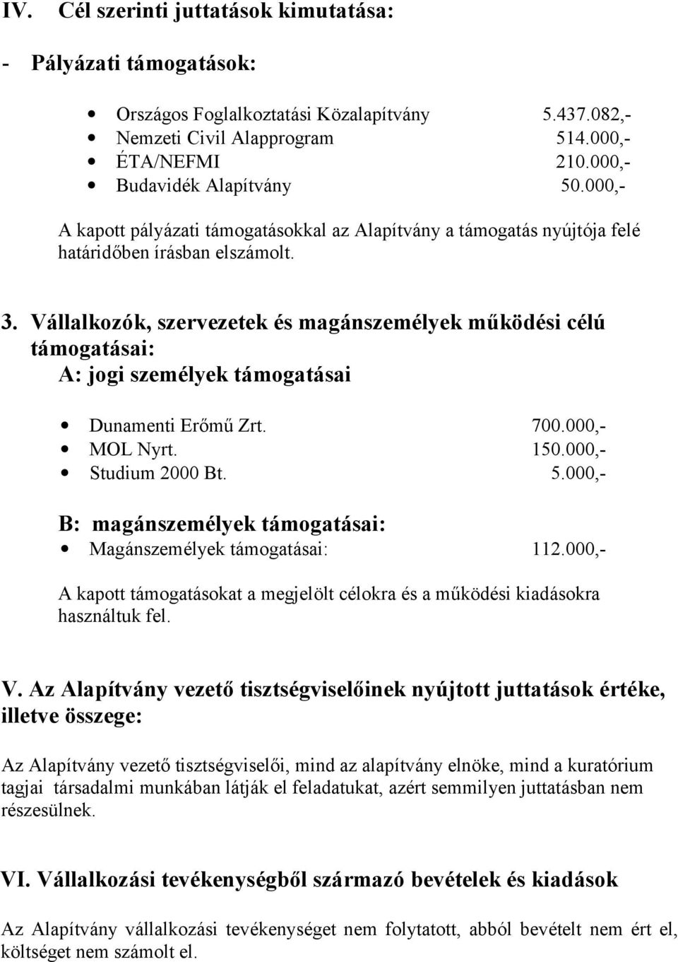 Vállalkozók, szervezetek és magánszemélyek működési célú támogatásai: A: jogi személyek támogatásai Dunamenti Erőmű Zrt. 700.000,- MOL Nyrt. 150.000,- Studium 2000 Bt. 5.