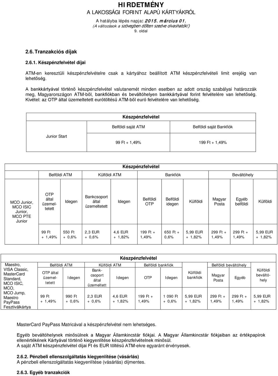 lehetőség. Kivétel: az OTP eurótöltésű ATM-ből euró felvételére van lehetőség.