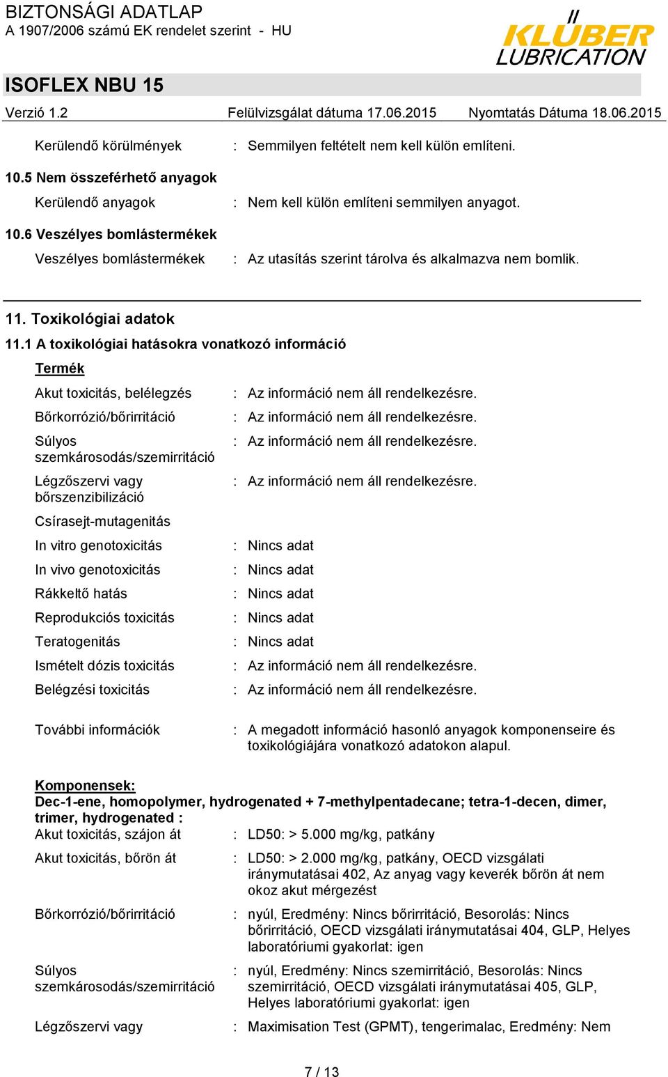 1 A toxikológiai hatásokra vonatkozó információ Termék Akut toxicitás, belélegzés Bőrkorrózió/bőrirritáció Súlyos szemkárosodás/szemirritáció Légzőszervi vagy bőrszenzibilizáció Csírasejt-mutagenitás