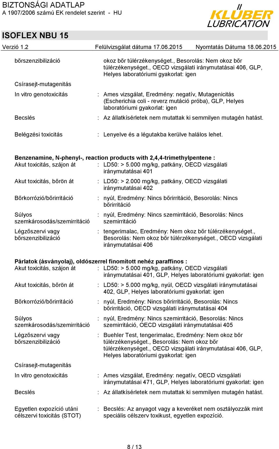 gyakorlat: igen : Az állatkísérletek nem mutattak ki semmilyen mutagén hatást. : Lenyelve és a légutakba kerülve halálos lehet.