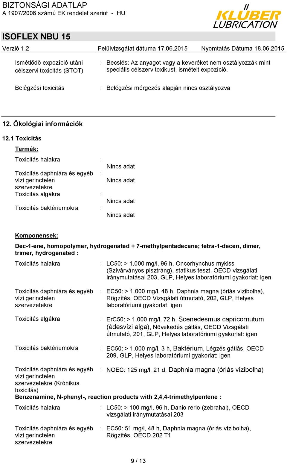 1 Toxicitás Termék: Toxicitás halakra : Toxicitás daphniára és egyéb : vízi gerinctelen szervezetekre Toxicitás algákra : Toxicitás baktériumokra : Nincs adat Nincs adat Nincs adat Nincs adat