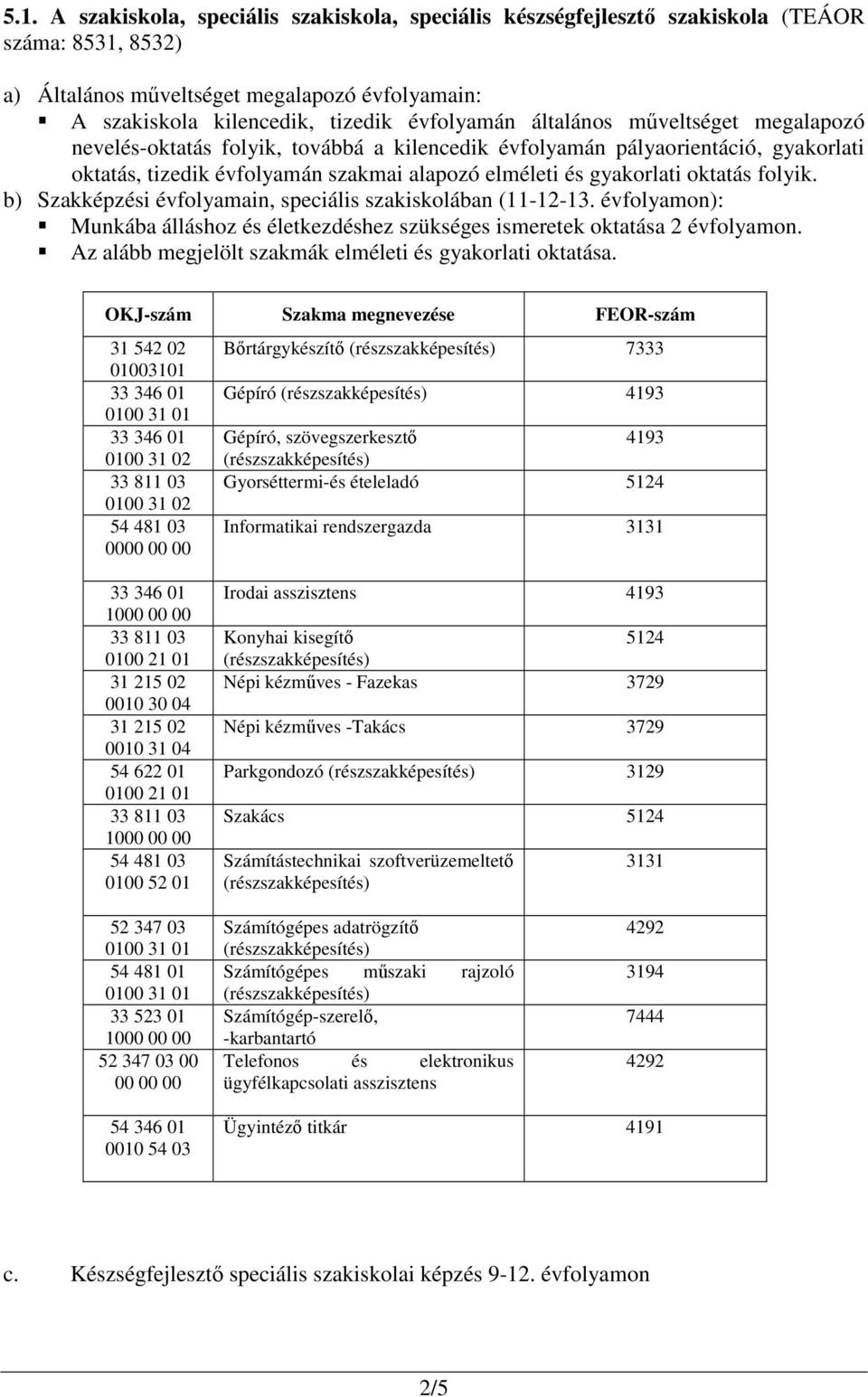 b) Szakképzési évfolyamain, speciális szakiskolában (11-12-13. évfolyamon): Munkába álláshoz és életkezdéshez szükséges ismeretek oktatása 2 évfolyamon.