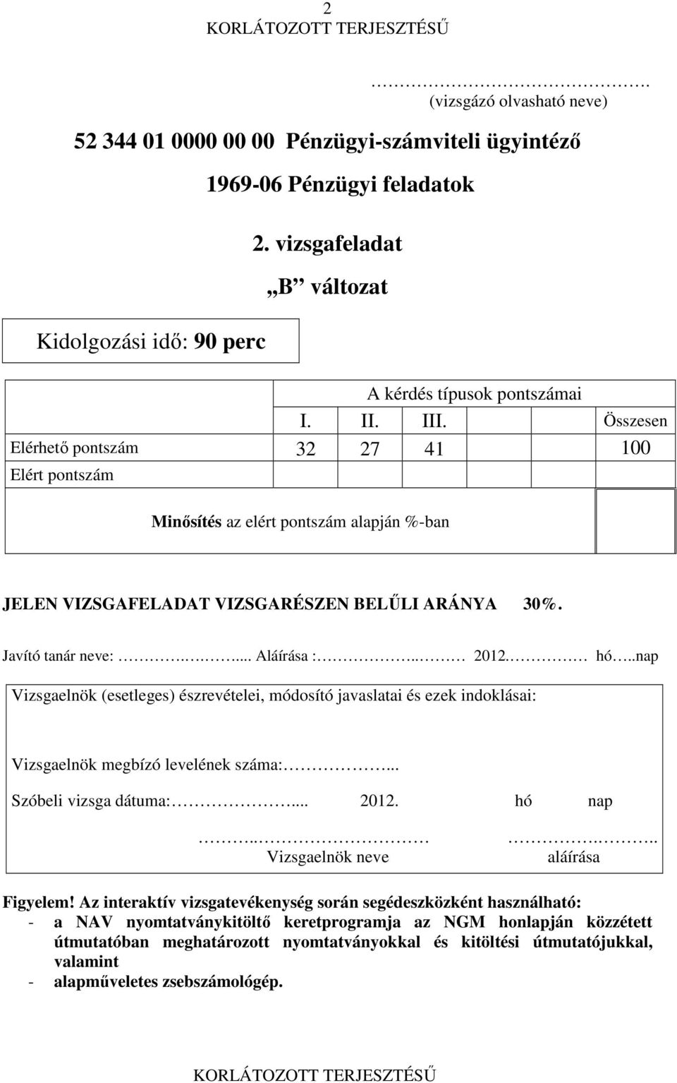 .nap Vizsgaelnök (esetleges) észrevételei, módosító javaslatai és ezek indoklásai: Vizsgaelnök megbízó levelének száma:... Szóbeli vizsga dátuma:... 2012. hó nap.. Vizsgaelnök neve... aláírása Figyelem!