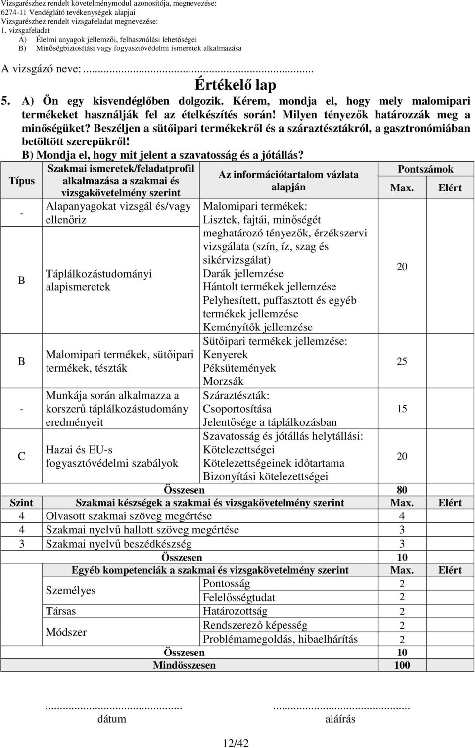 Szakmai ismeretek/feladatprofil alkalmazása a szakmai és vizsgakövetelmény szerint Típus C Alapanyagokat vizsgál és/vagy ellenıriz Táplálkozástudományi alapismeretek Malomipari termékek, sütıipari