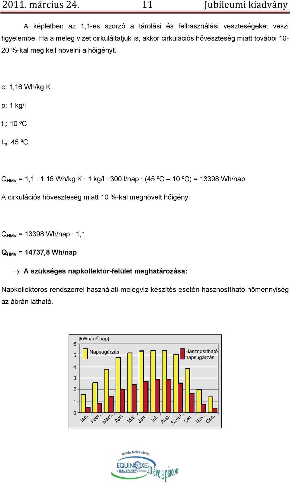 c: 1,16 Wh/kg K ρ: 1 kg/l t h : 10 ºC t m : 45 ºC Q HMV = 1,1 1,16 Wh/kg K 1 kg/l 300 l/nap (45 ºC 10 ºC) = 13398 Wh/nap A cirkulációs hőveszteség miatt 10