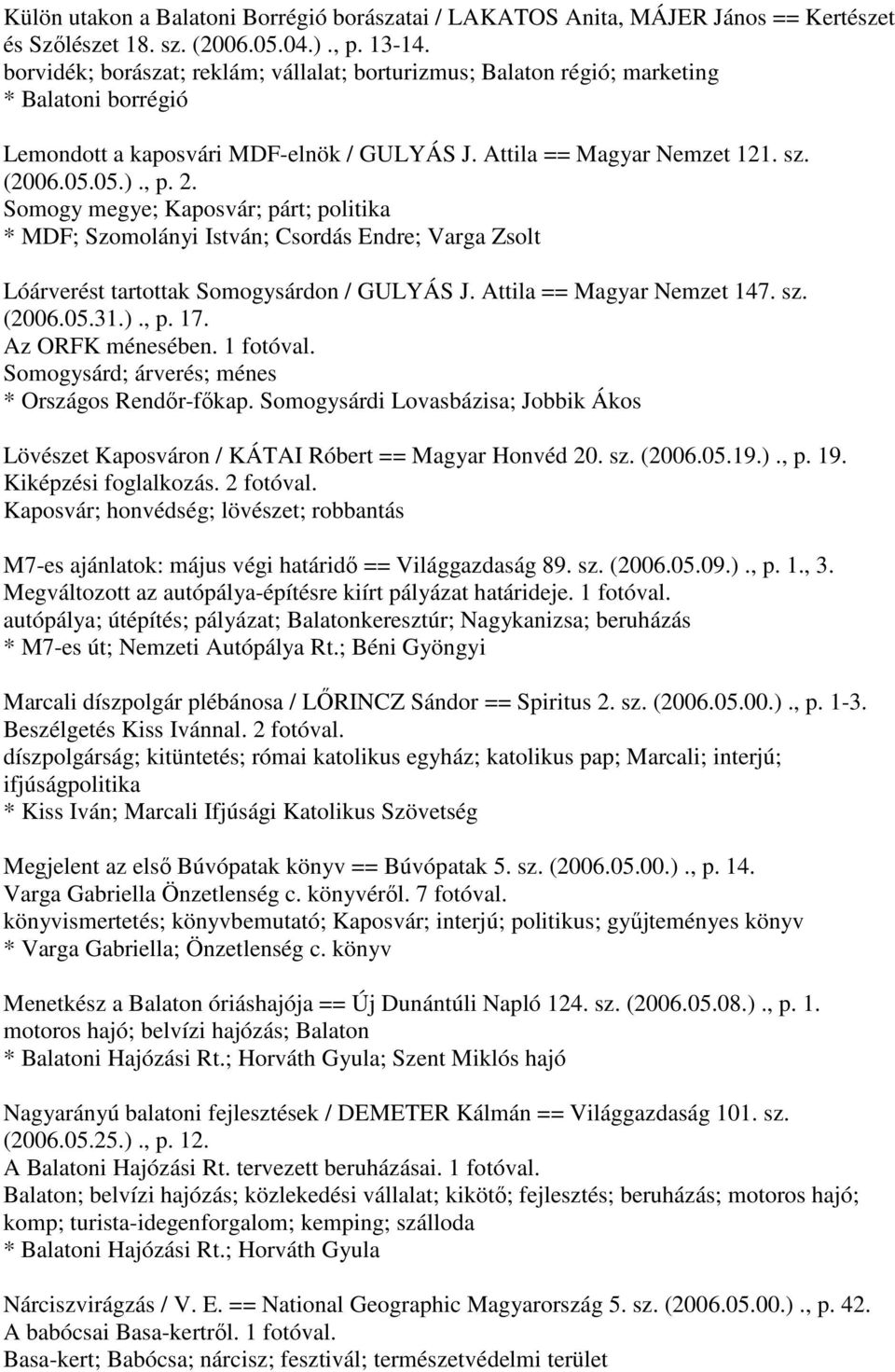 Somogy megye; Kaposvár; párt; politika * MDF; Szomolányi István; Csordás Endre; Varga Zsolt Lóárverést tartottak Somogysárdon / GULYÁS J. Attila == Magyar Nemzet 147. sz. (2006.05.31.)., p. 17.