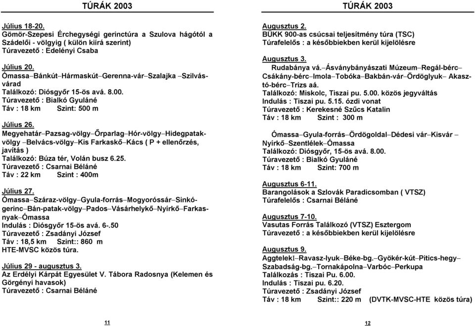 Megyehatár-Pazsag-völgy-Őrparlag-Hór-völgy-Hidegpatakvölgy -Belvács-völgy-Kis Farkaskő-Kács ( P + ellenőrzés, javítás ) Találkozó: Búza tér, Volán busz 6.25.