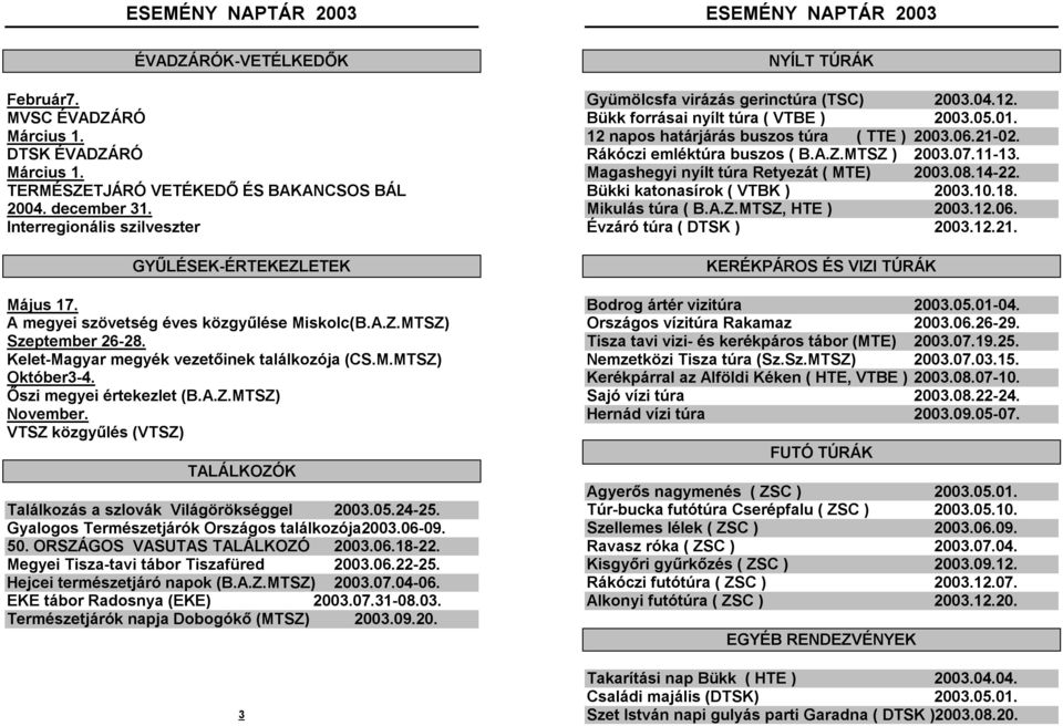 Őszi megyei értekezlet (B.A.Z.MTSZ) November. VTSZ közgyűlés (VTSZ) TALÁLKOZÓK Találkozás a szlovák Világörökséggel 2003.05.24-25. Gyalogos Természetjárók Országos találkozója2003.06-09. 50.