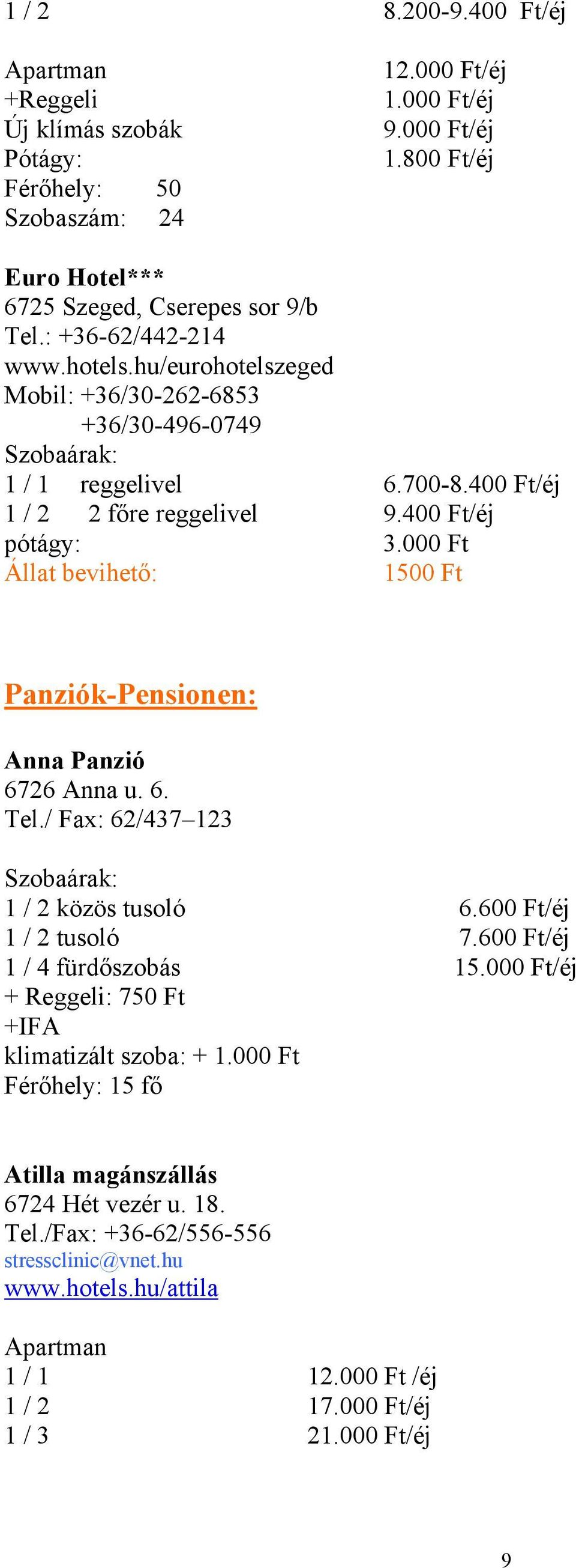 000 Ft Állat bevihető: 1500 Ft Panziók-Pensionen: Anna Panzió 6726 Anna u. 6. Tel./ Fax: 62/437 123 1 / 2 közös tusoló 6.600 Ft/éj 1 / 2 tusoló 7.600 Ft/éj 1 / 4 fürdőszobás 15.