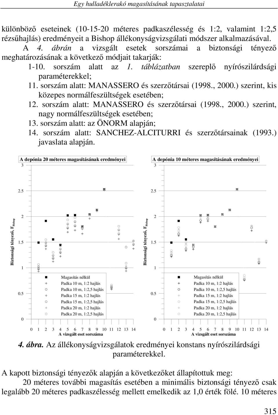 sorszám alatt: MANASSERO és szerzőtársai (1998., 2.) szerint, kis közepes normálfeszültségek esetében; 12. sorszám alatt: MANASSERO és szerzőtársai (1998., 2.) szerint, nagy normálfeszültségek esetében; 13.