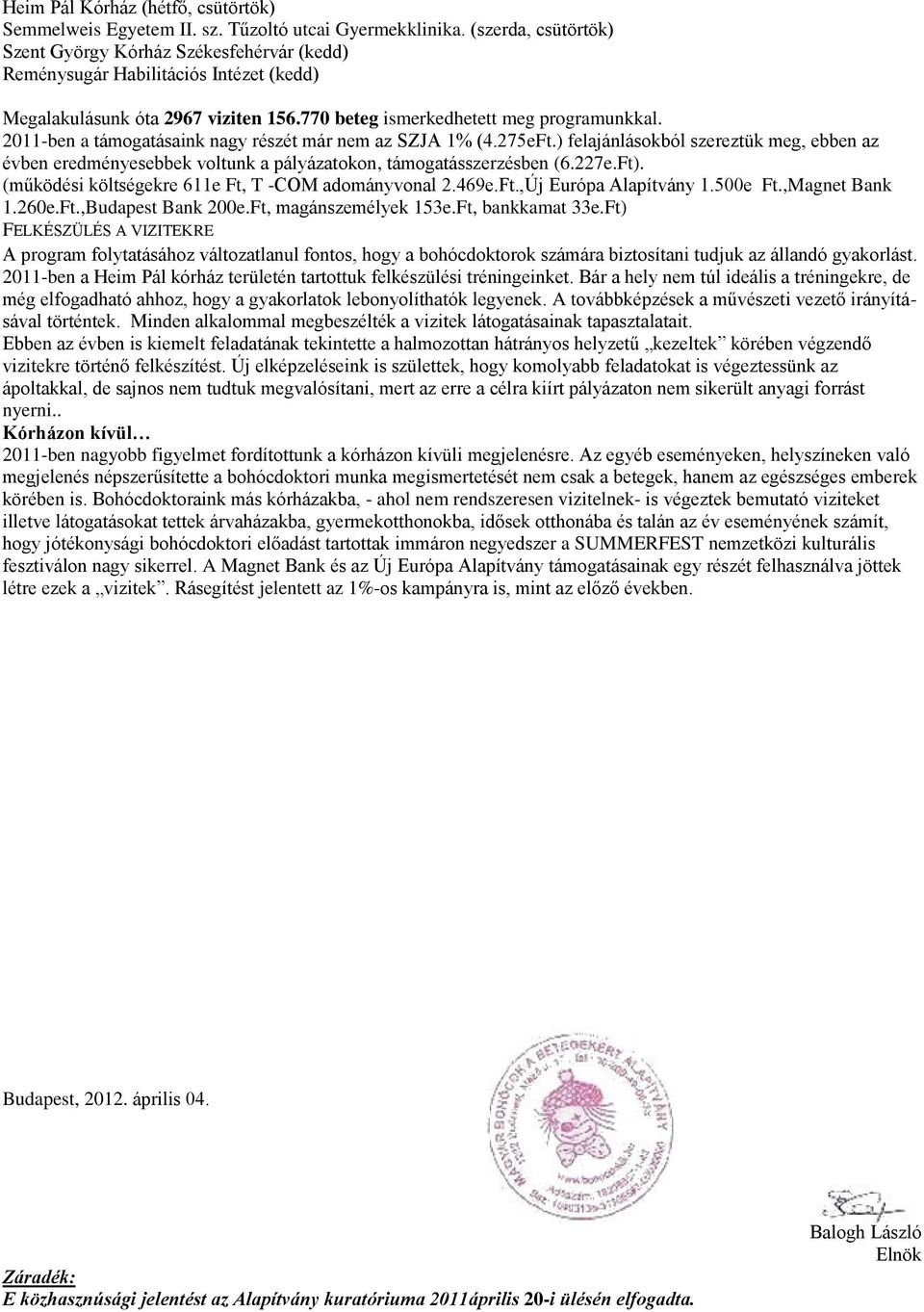 2011-ben a támogatásaink nagy részét már nem az SZJA 1% (4.275eFt.) felajánlásokból szereztük meg, ebben az évben eredményesebbek voltunk a pályázatokon, támogatásszerzésben (6.227e.Ft).