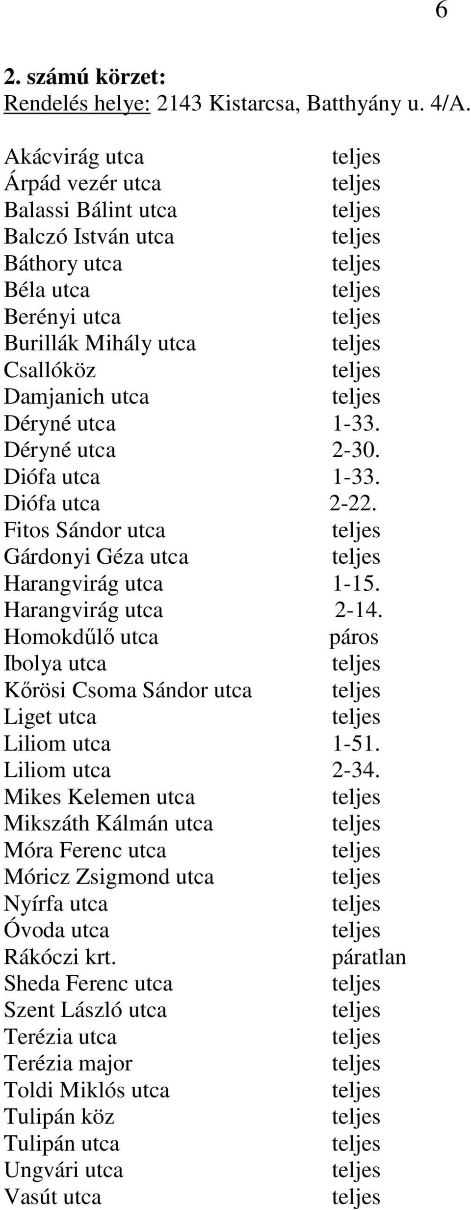 Homokdűlő utca páros Ibolya utca Kőrösi Csoma Sándor utca Liget utca Liliom utca 1-51. Liliom utca 2-34.