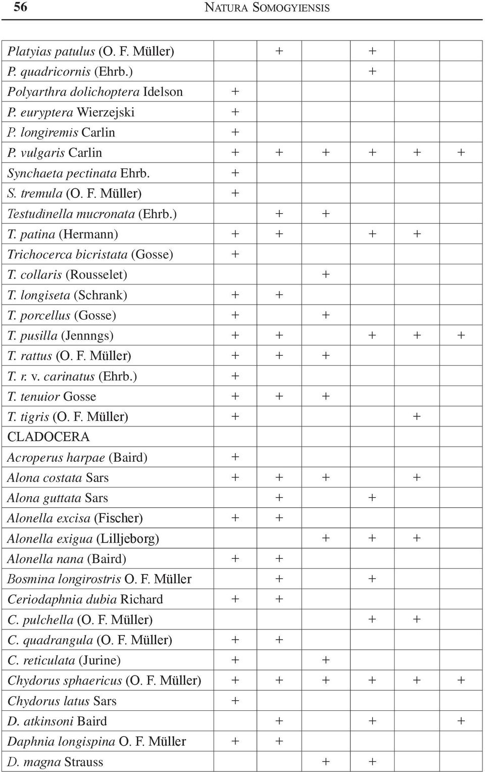 collaris (Rousselet) + T. longiseta (Schrank) + + T. porcellus (Gosse) + + T. pusilla (Jennngs) + + + + + T. rattus (O. F. Müller) + + + T. r. v. carinatus (Ehrb.) + T. tenuior Gosse + + + T.