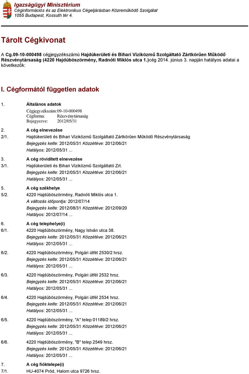 napján hatályos adatai a következők: I. Cégformától független adatok 1. Általános adatok Cégjegyzékszám: 09-10-000498 Cégforma: Részvénytársaság Bejegyezve: 2012/05/31 2. A cég elnevezése 2/1.