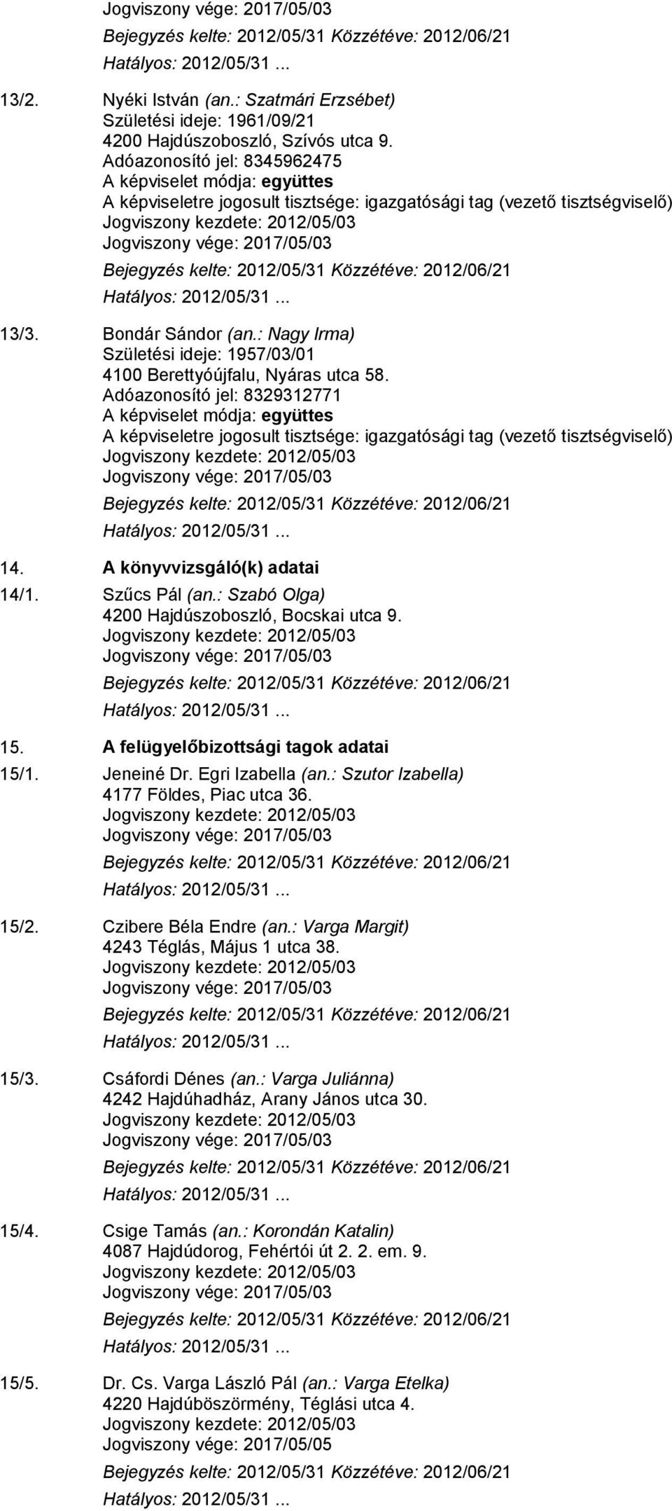 : Nagy Irma) Születési ideje: 1957/03/01 4100 Berettyóújfalu, Nyáras utca 58.