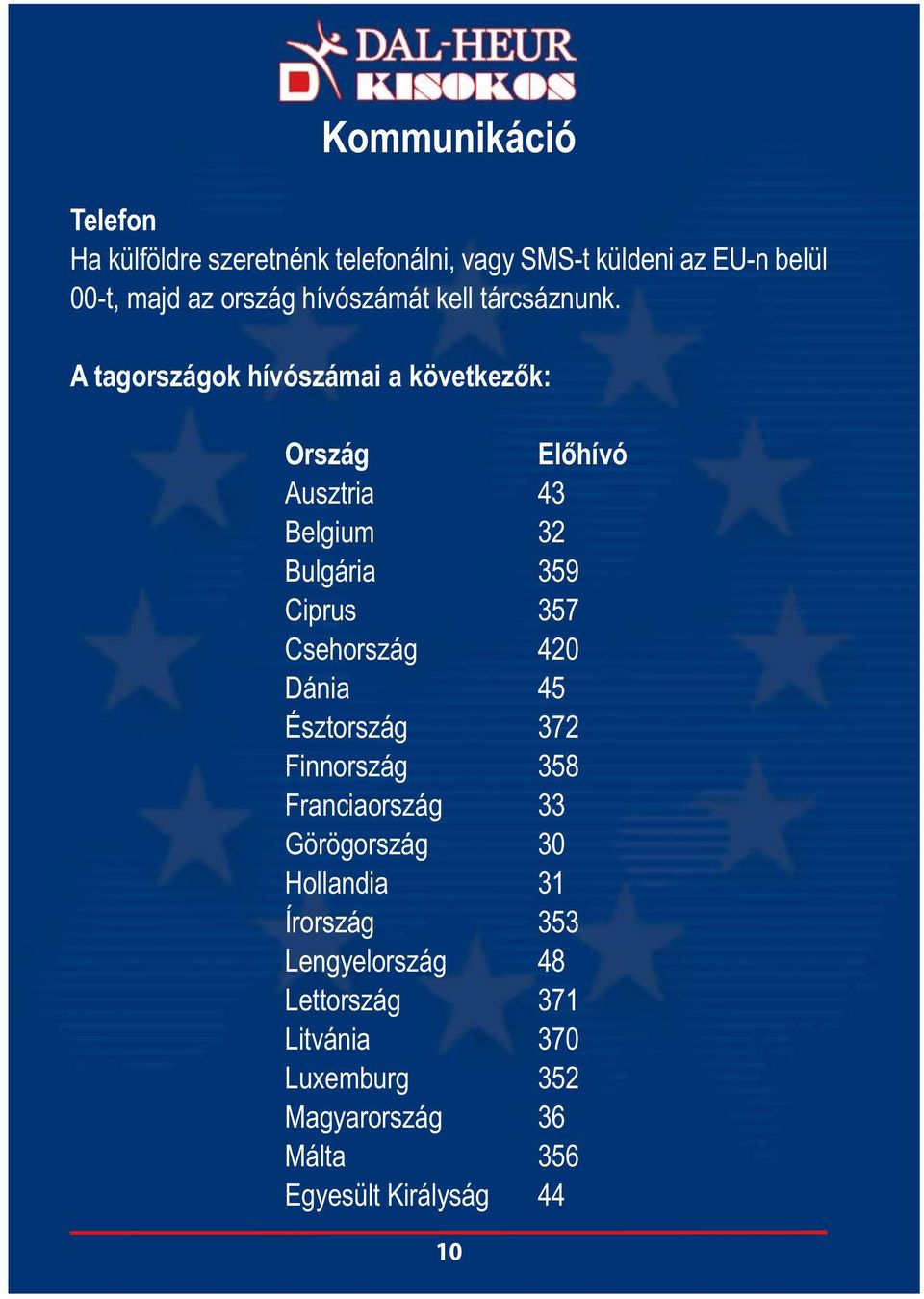 A tagországok hívószámai a következők: Ország Előhívó Ausztria 43 Belgium 32 Bulgária 359 Ciprus 357 Csehország 420