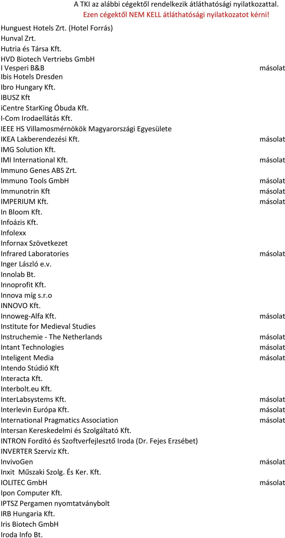 Immuno Tools GmbH Immunotrin Kft IMPERIUM Kft. In Bloom Kft. Infoázis Kft. Infolexx Infornax Szövetkezet Infrared Laboratories Inger László e.v. Innolab Bt. Innoprofit Kft. Innova míg s.r.o INNOVO Kft.