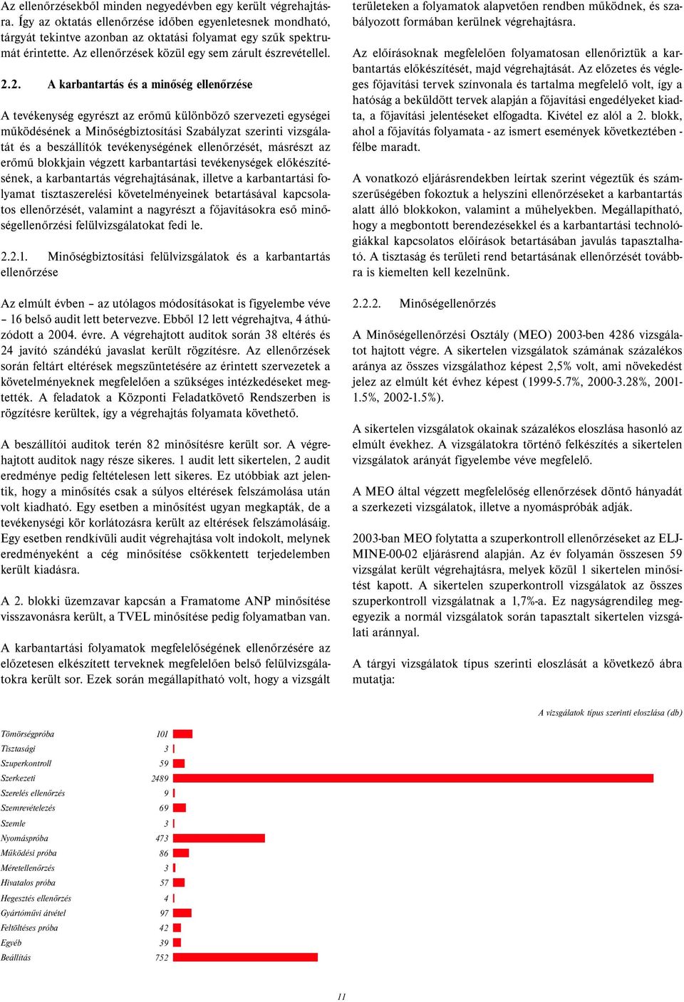 2. A karbantartás és a minőség ellenőrzése A tevékenység egyrészt az erőmű különböző szervezeti egységei működésének a Minőségbiztosítási Szabályzat szerinti vizsgálatát és a beszállítók